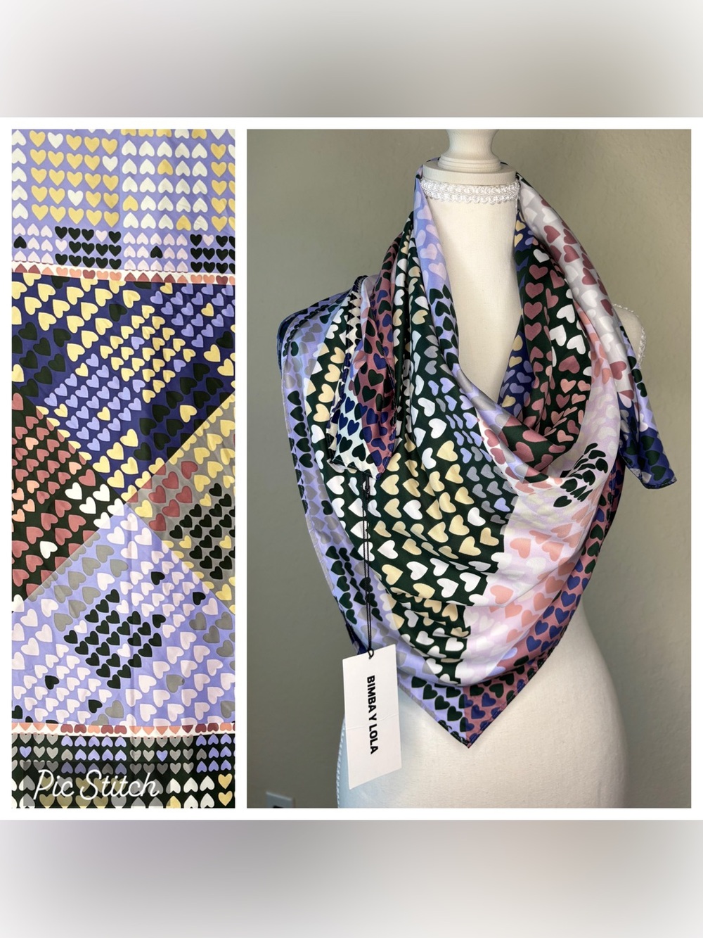 Bimba Y Lola | Women's Heart Shape Multicolor Print Square Scarf 39"x39" NWT